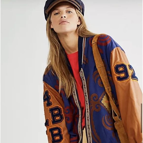 Free People Out Of Your League Bomber Jacket Patches Embroidered Blue Gold Tan